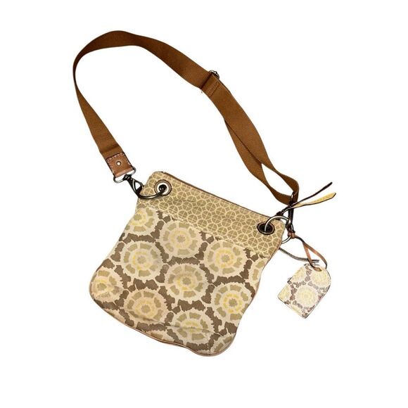 Spacious FOSSIL KEYPER Canvas & Leather LINEN / TAN / LEMON Crossbody‎ Messenger - Picture 4 of 13